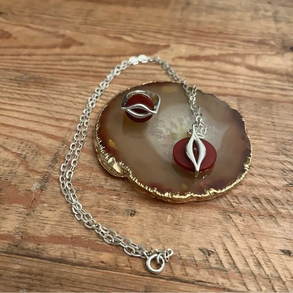 Vintage .925 Ring & Necklace set w/ Carnelian reminds me of Cartier *marked - Picture 3 of 13
